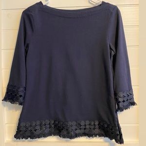 Navy Blue Talbots Circle Crocheted Lace Cotton Top
